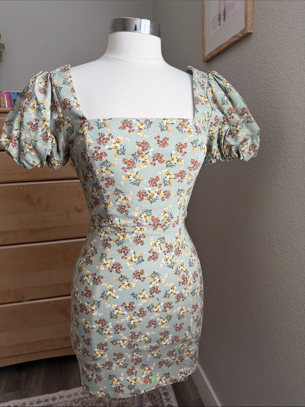 Trixxi Sage Floral Puff-Sleeve Square-Neck Mini Dress
